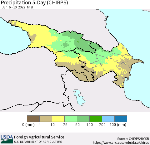 Azerbaijan, Armenia and Georgia Precipitation 5-Day (CHIRPS) Thematic Map For 6/6/2022 - 6/10/2022