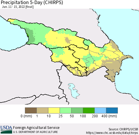 Azerbaijan, Armenia and Georgia Precipitation 5-Day (CHIRPS) Thematic Map For 6/11/2022 - 6/15/2022