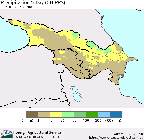 Azerbaijan, Armenia and Georgia Precipitation 5-Day (CHIRPS) Thematic Map For 6/16/2022 - 6/20/2022