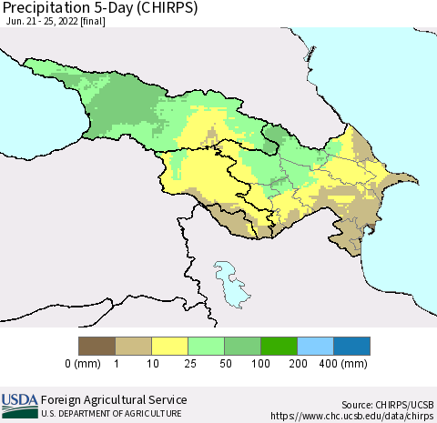 Azerbaijan, Armenia and Georgia Precipitation 5-Day (CHIRPS) Thematic Map For 6/21/2022 - 6/25/2022