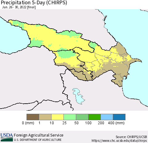 Azerbaijan, Armenia and Georgia Precipitation 5-Day (CHIRPS) Thematic Map For 6/26/2022 - 6/30/2022