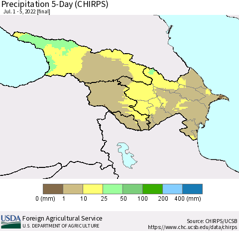 Azerbaijan, Armenia and Georgia Precipitation 5-Day (CHIRPS) Thematic Map For 7/1/2022 - 7/5/2022
