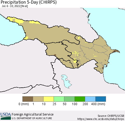 Azerbaijan, Armenia and Georgia Precipitation 5-Day (CHIRPS) Thematic Map For 7/6/2022 - 7/10/2022