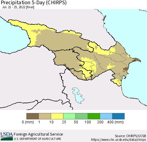 Azerbaijan, Armenia and Georgia Precipitation 5-Day (CHIRPS) Thematic Map For 7/21/2022 - 7/25/2022