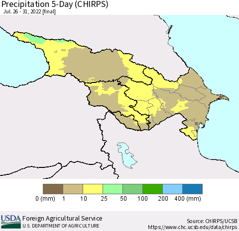 Azerbaijan, Armenia and Georgia Precipitation 5-Day (CHIRPS) Thematic Map For 7/26/2022 - 7/31/2022