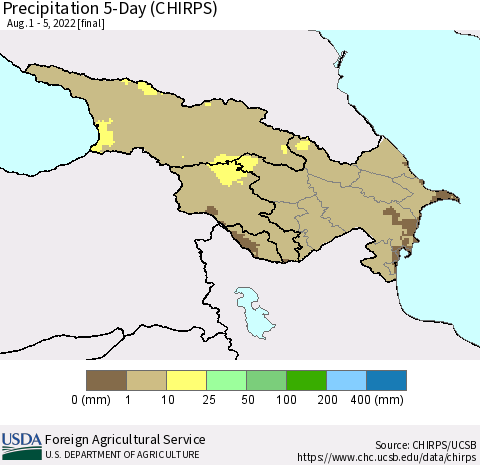 Azerbaijan, Armenia and Georgia Precipitation 5-Day (CHIRPS) Thematic Map For 8/1/2022 - 8/5/2022