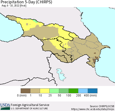 Azerbaijan, Armenia and Georgia Precipitation 5-Day (CHIRPS) Thematic Map For 8/6/2022 - 8/10/2022