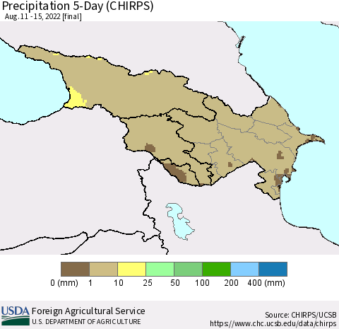 Azerbaijan, Armenia and Georgia Precipitation 5-Day (CHIRPS) Thematic Map For 8/11/2022 - 8/15/2022