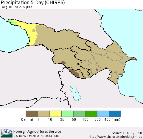 Azerbaijan, Armenia and Georgia Precipitation 5-Day (CHIRPS) Thematic Map For 8/16/2022 - 8/20/2022