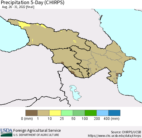 Azerbaijan, Armenia and Georgia Precipitation 5-Day (CHIRPS) Thematic Map For 8/26/2022 - 8/31/2022