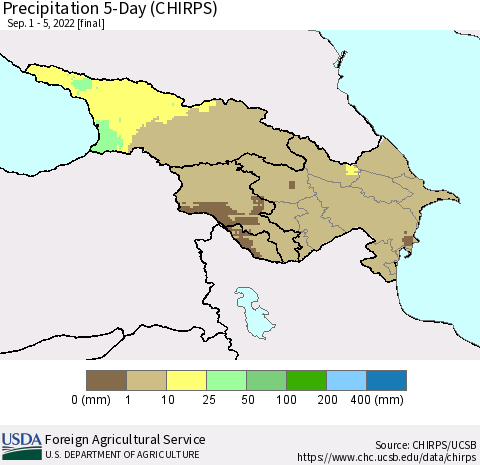 Azerbaijan, Armenia and Georgia Precipitation 5-Day (CHIRPS) Thematic Map For 9/1/2022 - 9/5/2022