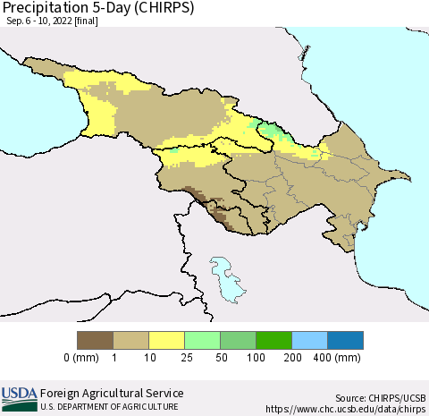 Azerbaijan, Armenia and Georgia Precipitation 5-Day (CHIRPS) Thematic Map For 9/6/2022 - 9/10/2022