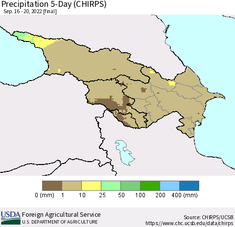 Azerbaijan, Armenia and Georgia Precipitation 5-Day (CHIRPS) Thematic Map For 9/16/2022 - 9/20/2022