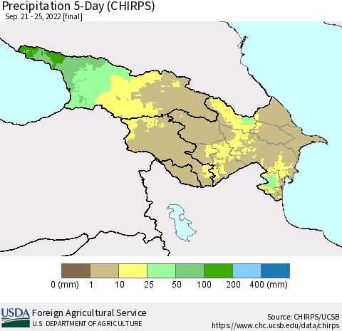 Azerbaijan, Armenia and Georgia Precipitation 5-Day (CHIRPS) Thematic Map For 9/21/2022 - 9/25/2022