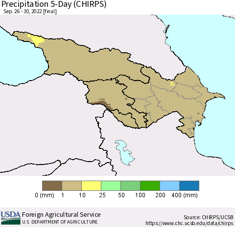 Azerbaijan, Armenia and Georgia Precipitation 5-Day (CHIRPS) Thematic Map For 9/26/2022 - 9/30/2022