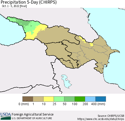 Azerbaijan, Armenia and Georgia Precipitation 5-Day (CHIRPS) Thematic Map For 10/1/2022 - 10/5/2022