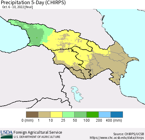 Azerbaijan, Armenia and Georgia Precipitation 5-Day (CHIRPS) Thematic Map For 10/6/2022 - 10/10/2022