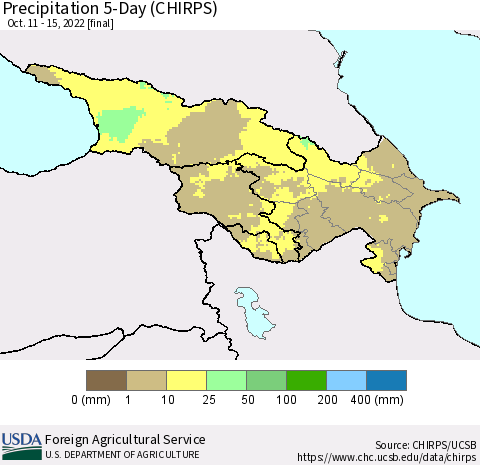 Azerbaijan, Armenia and Georgia Precipitation 5-Day (CHIRPS) Thematic Map For 10/11/2022 - 10/15/2022