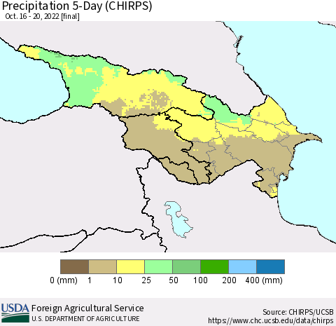 Azerbaijan, Armenia and Georgia Precipitation 5-Day (CHIRPS) Thematic Map For 10/16/2022 - 10/20/2022