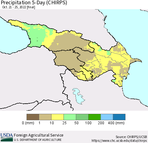 Azerbaijan, Armenia and Georgia Precipitation 5-Day (CHIRPS) Thematic Map For 10/21/2022 - 10/25/2022
