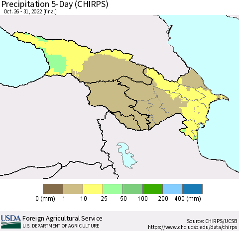 Azerbaijan, Armenia and Georgia Precipitation 5-Day (CHIRPS) Thematic Map For 10/26/2022 - 10/31/2022