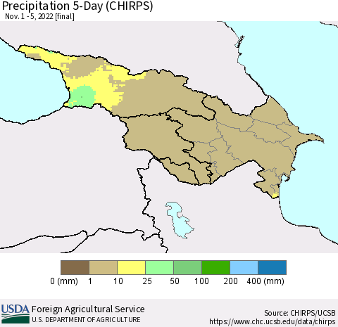Azerbaijan, Armenia and Georgia Precipitation 5-Day (CHIRPS) Thematic Map For 11/1/2022 - 11/5/2022