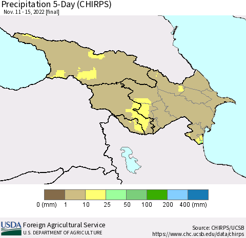 Azerbaijan, Armenia and Georgia Precipitation 5-Day (CHIRPS) Thematic Map For 11/11/2022 - 11/15/2022