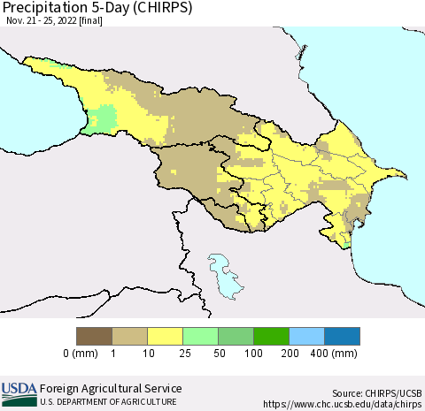 Azerbaijan, Armenia and Georgia Precipitation 5-Day (CHIRPS) Thematic Map For 11/21/2022 - 11/25/2022
