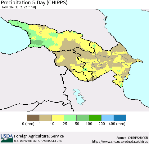 Azerbaijan, Armenia and Georgia Precipitation 5-Day (CHIRPS) Thematic Map For 11/26/2022 - 11/30/2022