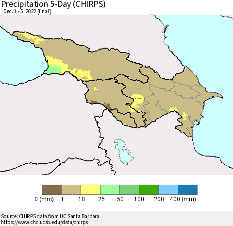 Azerbaijan, Armenia and Georgia Precipitation 5-Day (CHIRPS) Thematic Map For 12/1/2022 - 12/5/2022
