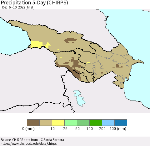 Azerbaijan, Armenia and Georgia Precipitation 5-Day (CHIRPS) Thematic Map For 12/6/2022 - 12/10/2022