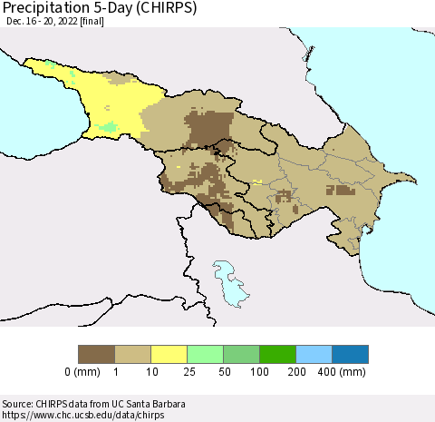 Azerbaijan, Armenia and Georgia Precipitation 5-Day (CHIRPS) Thematic Map For 12/16/2022 - 12/20/2022