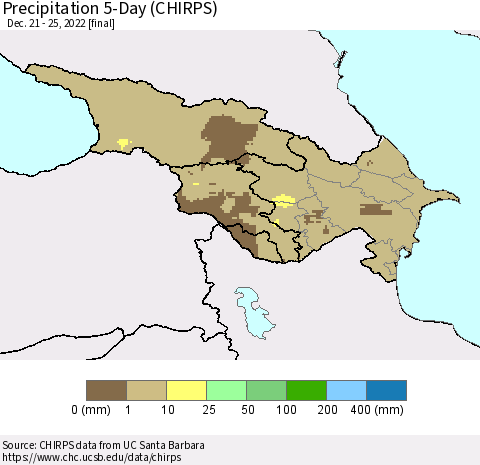 Azerbaijan, Armenia and Georgia Precipitation 5-Day (CHIRPS) Thematic Map For 12/21/2022 - 12/25/2022