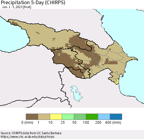 Azerbaijan, Armenia and Georgia Precipitation 5-Day (CHIRPS) Thematic Map For 1/1/2023 - 1/5/2023