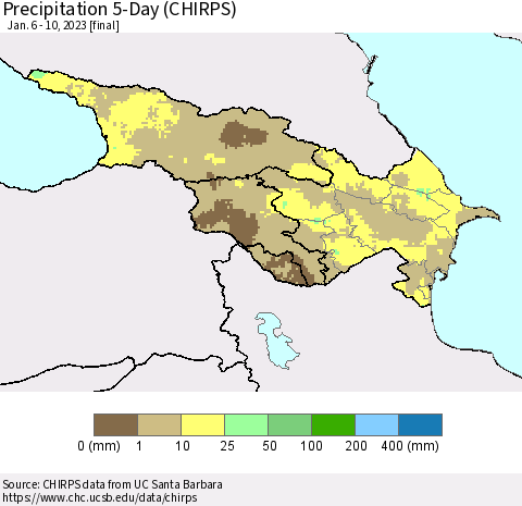 Azerbaijan, Armenia and Georgia Precipitation 5-Day (CHIRPS) Thematic Map For 1/6/2023 - 1/10/2023