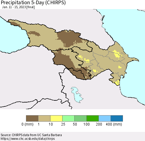 Azerbaijan, Armenia and Georgia Precipitation 5-Day (CHIRPS) Thematic Map For 1/11/2023 - 1/15/2023