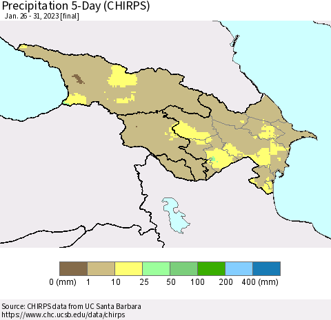 Azerbaijan, Armenia and Georgia Precipitation 5-Day (CHIRPS) Thematic Map For 1/26/2023 - 1/31/2023