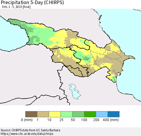Azerbaijan, Armenia and Georgia Precipitation 5-Day (CHIRPS) Thematic Map For 2/1/2023 - 2/5/2023