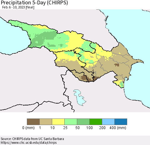 Azerbaijan, Armenia and Georgia Precipitation 5-Day (CHIRPS) Thematic Map For 2/6/2023 - 2/10/2023