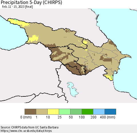 Azerbaijan, Armenia and Georgia Precipitation 5-Day (CHIRPS) Thematic Map For 2/11/2023 - 2/15/2023