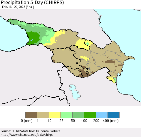 Azerbaijan, Armenia and Georgia Precipitation 5-Day (CHIRPS) Thematic Map For 2/16/2023 - 2/20/2023