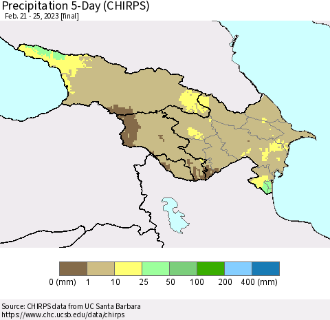 Azerbaijan, Armenia and Georgia Precipitation 5-Day (CHIRPS) Thematic Map For 2/21/2023 - 2/25/2023