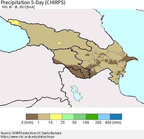 Azerbaijan, Armenia and Georgia Precipitation 5-Day (CHIRPS) Thematic Map For 2/26/2023 - 2/28/2023