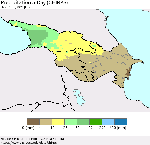 Azerbaijan, Armenia and Georgia Precipitation 5-Day (CHIRPS) Thematic Map For 3/1/2023 - 3/5/2023