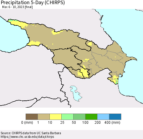 Azerbaijan, Armenia and Georgia Precipitation 5-Day (CHIRPS) Thematic Map For 3/6/2023 - 3/10/2023