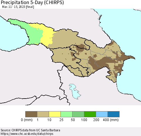 Azerbaijan, Armenia and Georgia Precipitation 5-Day (CHIRPS) Thematic Map For 3/11/2023 - 3/15/2023