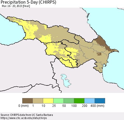 Azerbaijan, Armenia and Georgia Precipitation 5-Day (CHIRPS) Thematic Map For 3/16/2023 - 3/20/2023