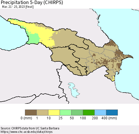 Azerbaijan, Armenia and Georgia Precipitation 5-Day (CHIRPS) Thematic Map For 3/21/2023 - 3/25/2023