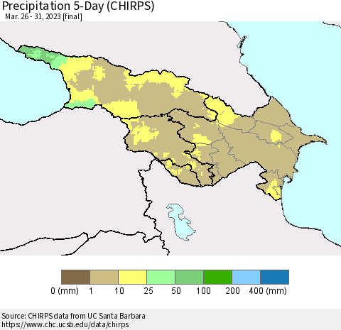 Azerbaijan, Armenia and Georgia Precipitation 5-Day (CHIRPS) Thematic Map For 3/26/2023 - 3/31/2023