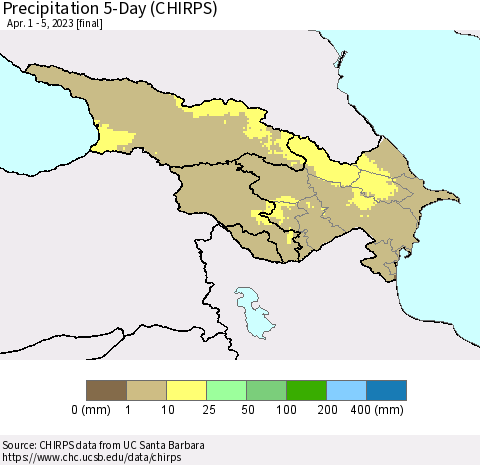 Azerbaijan, Armenia and Georgia Precipitation 5-Day (CHIRPS) Thematic Map For 4/1/2023 - 4/5/2023